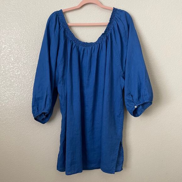 Lauren Ralph Lauren Top Womens 3X BlueLinen Floral Embroidered Tunic Boho - Picture 7 of 11